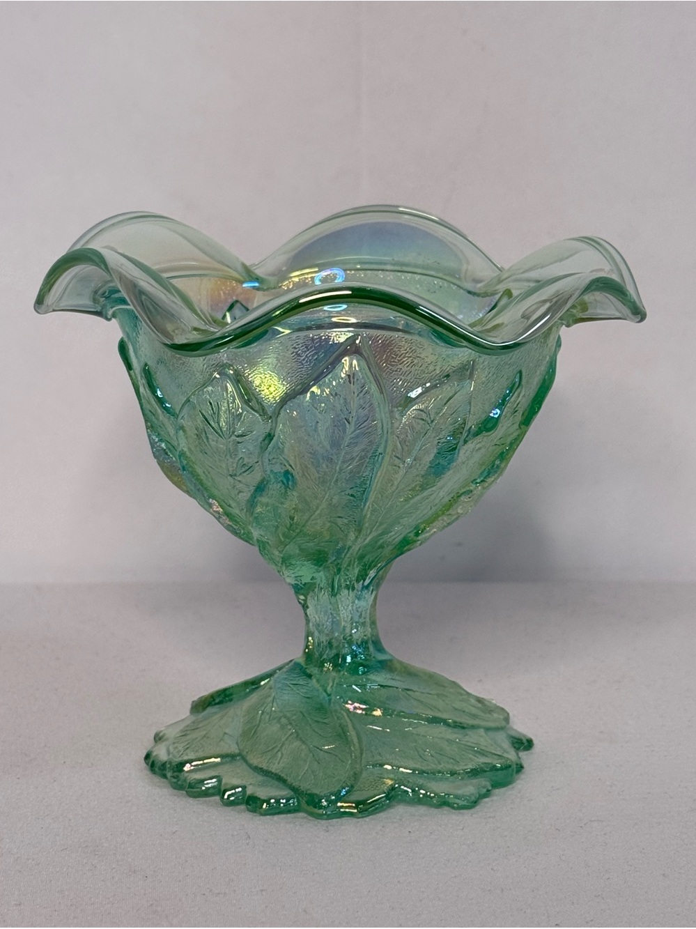 Green Iridescent Carnival Glass Candy Dish - Compote with Leaf Pattern